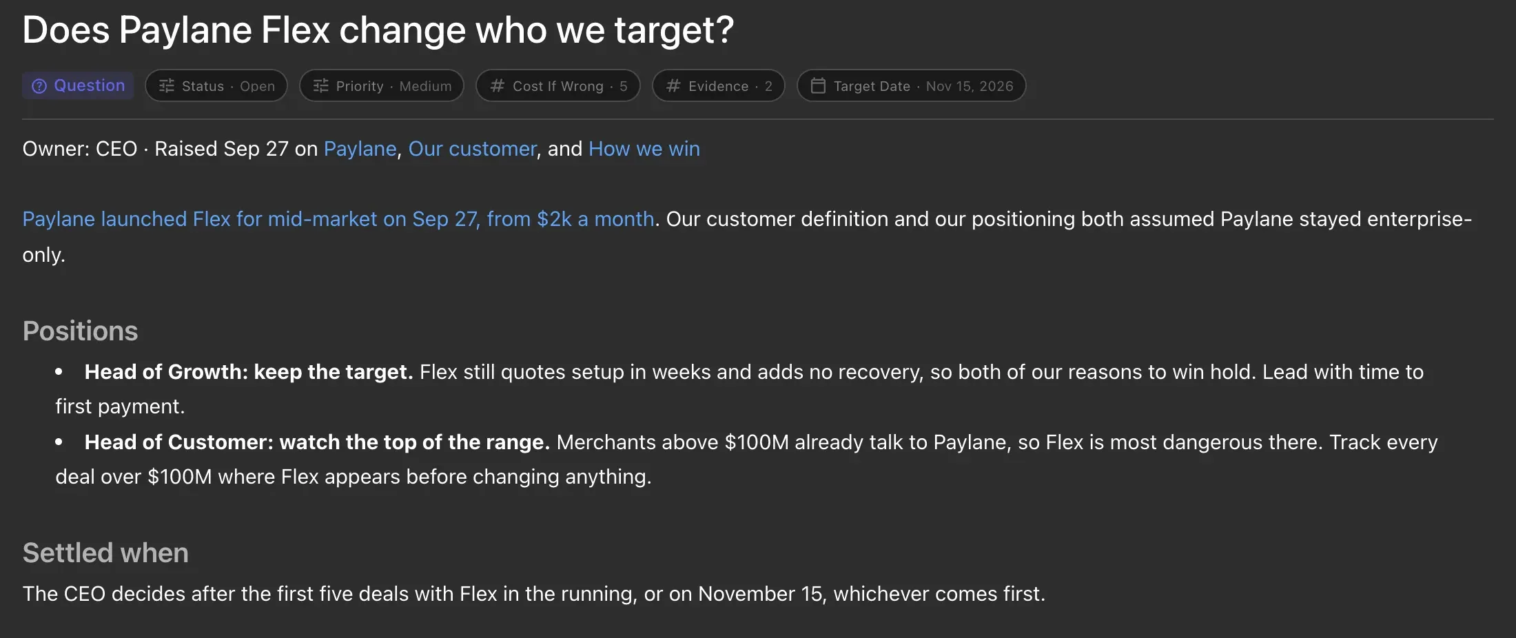 An open question with its owner, the positions people hold and what will settle it.